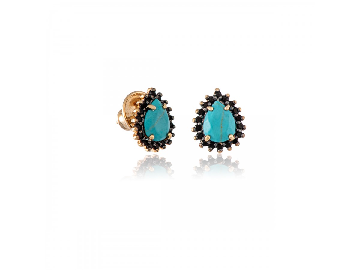 Brinco Turquesa Natural Gota Banho de Ouro 18k